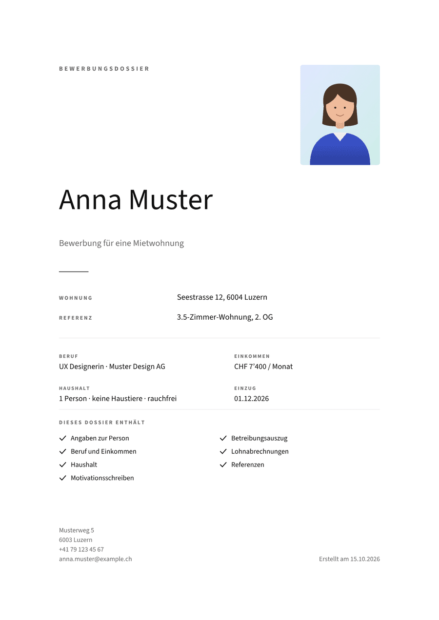 Beispielseite eines Bewerbungsdossiers in der Vorlage Minimal mit viel Weissraum, mit fiktiven Daten